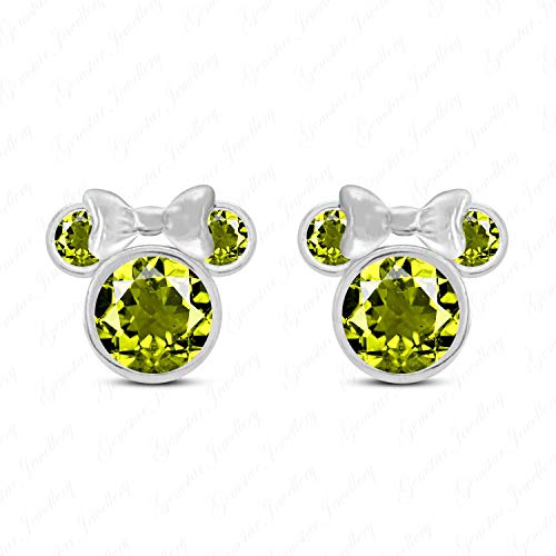 Gemstar Jewellery Green Peridot Stud Disney Minnie Mouse Earrings In 925 Sterling Silver 14k Gold Plated