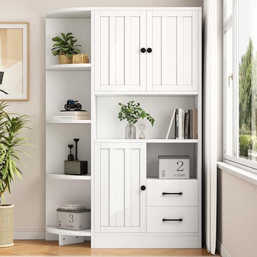 Merax Armadio alto da cucina, a buffet, con piano di lavoro, armadietto ad angolo, 3 ante, 2 cassetti, scaffali aperti, multiuso, soggiorno, bianco