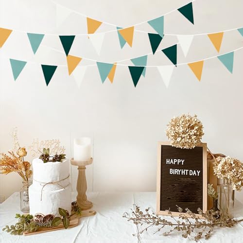 Image of Zwiebeco 39Ft Dark Green Gold White Fabric Bunting Banner Triangle Flags Cotton Garland Pennant for Forest Wild One Safari Birthday Wedding Baby Shower Outdoor Garden Decorations