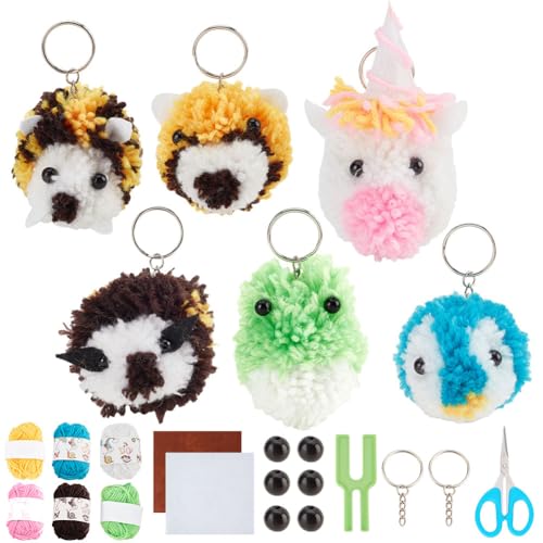 WEBEEDY 6 Set Yarn Pom Pom Keychain Kit Cute Animal Fluff Ball Weave DIY Wool Yarn Knitting Craft Project with Yarn Maker Tool Instruction for Backpack Purse Bag Keys Accessories Christmas Gifts