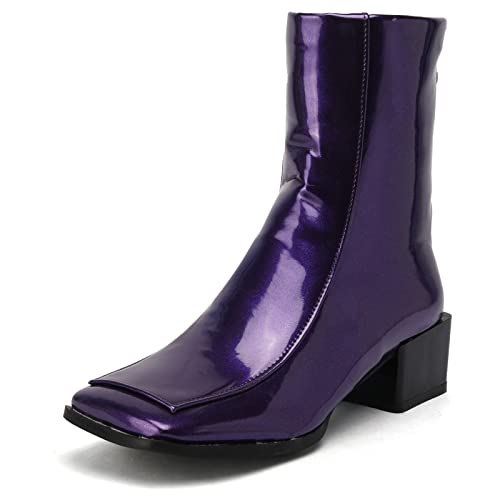 MJIASIAWA Mujer Invierno Punta Quadrada Charol Botines Casual Block Tacón Medio Moda Botines Chelsea Fiesta Zapatos Morado Talla 36.5 EU/37 Asiática
