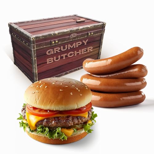 Grumpy Butcher Classic Grill Food Gift – Wagyu Sirloin Burger Patties (2 × 8 oz) & Jumbo Beef Hot Dogs (4 × 4.5 oz) – Premium BBQ Meat Basket Assortment – Steakhouse Quality, Gourmet Grill Gift