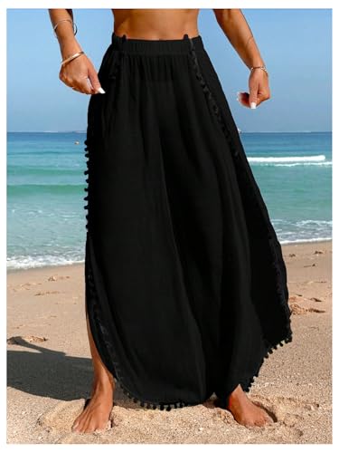 Women's Bathing Suit Cover Up Pants Split Sheer Flowy Beach Elastic Waist Wide Leg Swimsuit Pants4