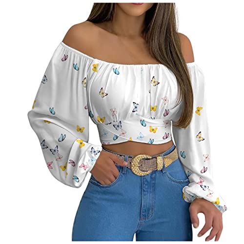 GDOV Damen Sommer Blumen Wickelshirt Crop Top Geblümt Schulterfrei Rückenfrei Sexy Wrap Bauchfrei Oberteile T-Shirts Bandage Criss Cross Knoten Langarm Kurz Blusen Boho Vintage Schick Pullover Hemd Cover