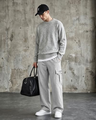 Image of Men's Cargo Sweatpants Casual Fleece Joggers Loose Fit Open Bottom Athletic Pants for Men with Pockets