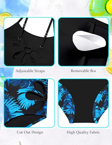 Image of Girls Tankini Swimsuit 2 Piece Bathing Suit Twist Cross Back Cutout Swim Tank Top Floral Print Swimwear for 7-18Y