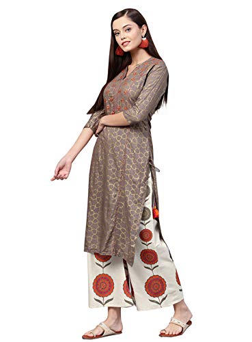 Image of ishin Women's Viscose Rayon A-Line Embroidered Thread Work Floral print Grey Kurta suit set with Palazzo
