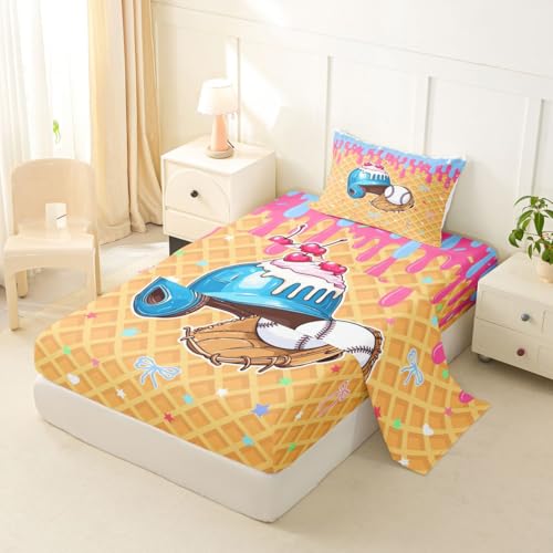 Image of Castle Fairy Girls Baseball Bed Sheets Twin Size,Kawaii Sport Bowknot Plaid Easy Wash Bedding Set,Ice Cream Drip Dessert Kids Room Decor,Bule Yellow Sheet(Fitted+Flat+1 Pillowcase)