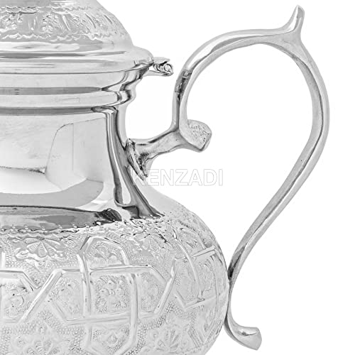 Moroccan Tea Pot Handmade Serving X-Large Brass Silver Plated Hand Carved In Fes Morocco #TOP4