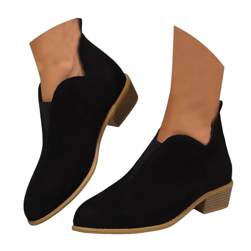 Womens Ankle Boots V Cut Out Pointed Toe Chunky Stacked Heel Dressy Classic Booties Women's Casual Work Comfortable Dress Low Heels Short Boots Fashion Pull On Ankle Booties for Women