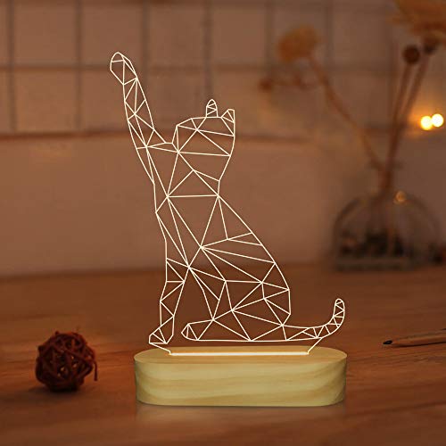Cat 3D Illusion Night Light USB Lampada da comodino con base in legno...