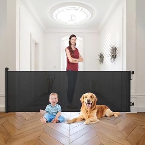 Babepai Retractable Baby Gates Extra Wide | 110" Wide x 34" Tall Dog Gates for Stairs | Indoor/Outdoor Use | Child Gates for Doorways, Deck, Porch, Hallways, Patio - Black Cover
