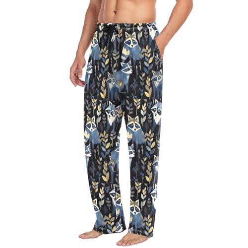 Men's Dark Black Raccoons Pajama Pants with Pockets - Straight Fit Cotton Sleep Bottoms for Lounge & Nightwear#7814