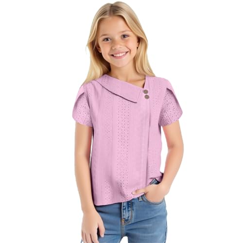 Dmmtot Camisetas de verano para niñas 2025 de manga corta asimétrica con cuello en V y botones con ojales, ajuste delgado, color sólido, ligeras, transpirables, para la escuela de 6 a 16 años, #01rosa