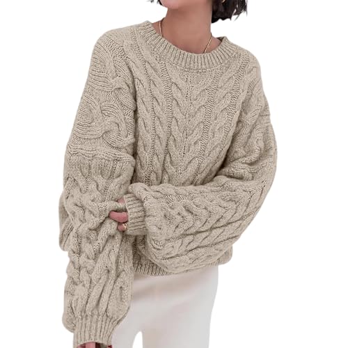 Cable Knit Sweater Women Oversized Trendy Soft Plain Crew Neck Knitted...