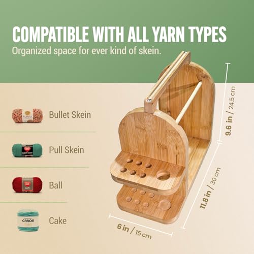 Image of Yarn Holder for Crochet Accessories - Durable Bamboo Wood Knitting Accessories Yarn Storage Organizer with Built-in Phone Stand - Tangle-Free Dual Rods and Tool Holder - Works with Skein, Cake, Ball