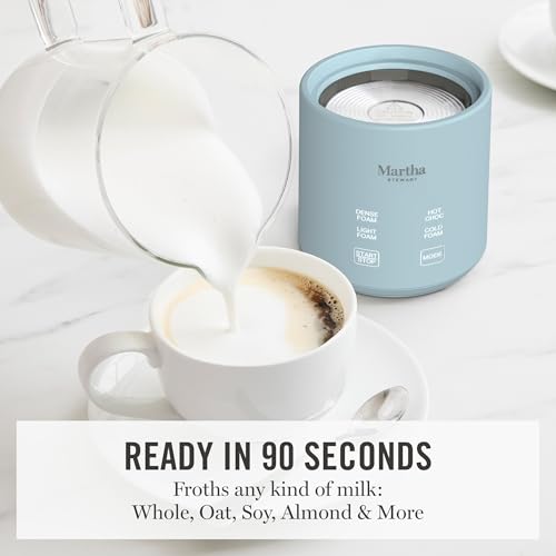 Image of Martha Stewart Milk Frother and Steamer, 10oz /300ml Glass Cup, 4 Presets (Cold Foam, Light, Dense & Hot Chocolate), Ready in 90 Seconds, Cordless Pouring, One-Touch for Hot and Cold Milk, Sky Blue