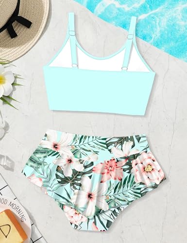 Image of Qaoerde Girls Swimsuit Tropical Print Bikini Set with Ruffle Hem Two Piece Criss Cross Bathing Suits for Girls 7-16 Years