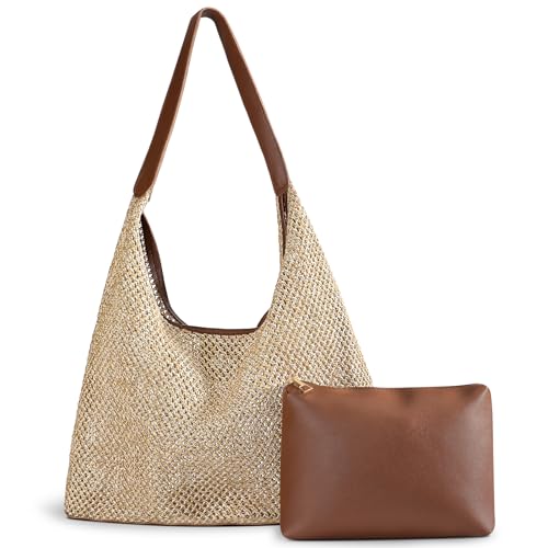 Bolsas de praia de palha para mulheres - Bolsas de praia para mulheres, bolsa de malha Hobo de couro com bolsa para férias, itens essenciais de viagem, Marrom, Medium