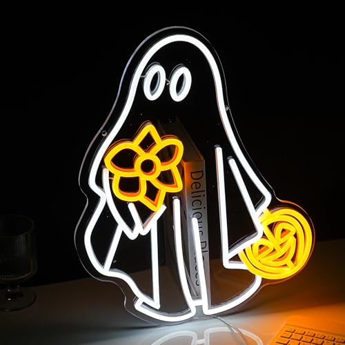 Image of Ghost Neon Sign for Wall Decor Dimmable USB Powered Pumpkin Led Light sign Halloween Ghost Neon Light for Halloween Party Game Room Neon Decor (Yellow White)