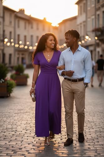 Image of CLOCOR Maxi Dress for Women Long Summer Short Sleeve Evening Formal V Neck A Line Dresses Wedding Guest Empire Waist Elegant