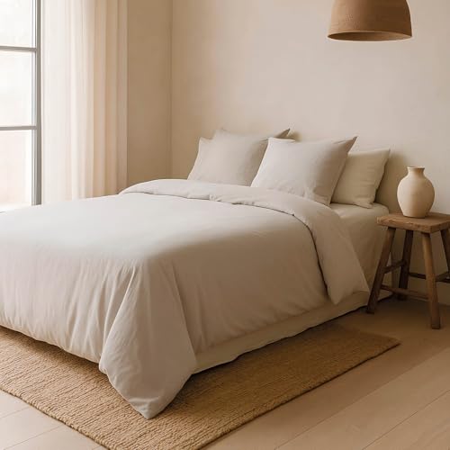 NATURALS - Funda Nórdica Lisa Cama 105-100% Algodón Suave y Transpirable - Cierre de Botones - Funda Nórdica 180x220 cm + 1 Funda Almohada 45x125 cm - FTR6 Beige - Fabricado en España