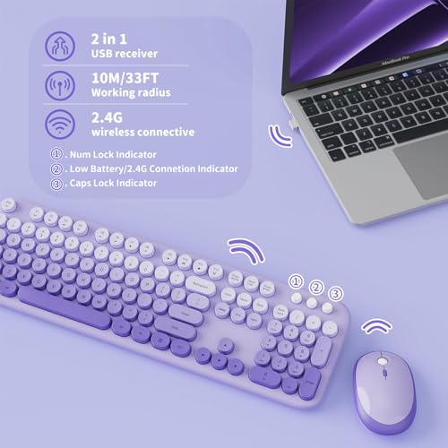 Wireless Keyboard and Mouse Combo, 2.4GHZ Typewriter Retro Full Size Keyboards, Cute Colorful Computer Keyboard and Wireless Mouse for Laptop/Desktop/Windows/PC (Purple Gradient) — view 6