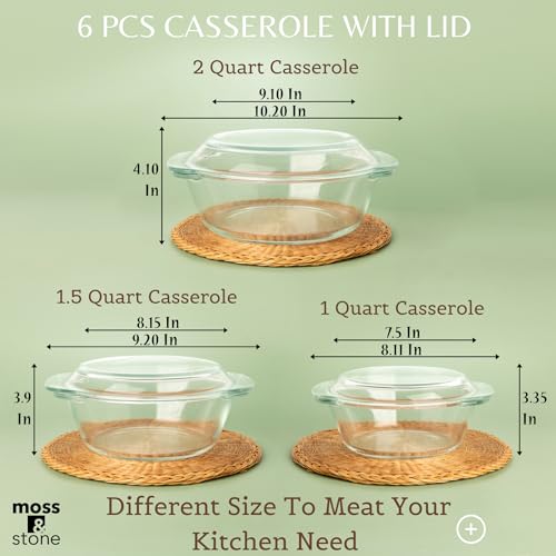 Moss & Stone 6-Piece Clear Glass Casserole Dishes for Oven With Lids, Durable Tempered Borosilicate Glass Bakeware Set, Microwave Safe, 3 Round Sizes for Cooking, Serving & Storage