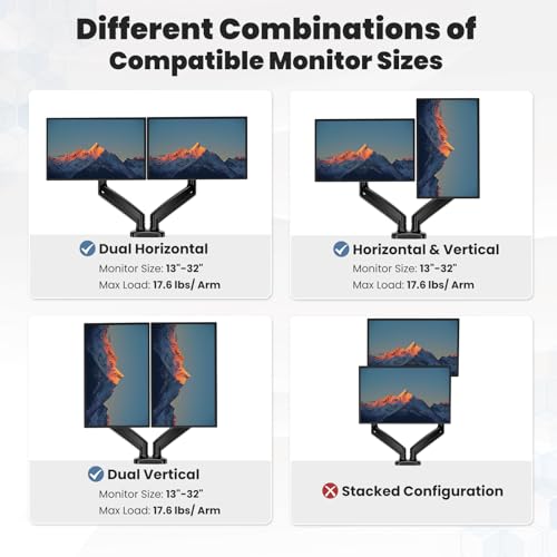 Image of DUMOS Set of 2 Dual Monitor Stand for Desk, Gas Spring Monitor Arm for 2 Monitors Max 32 Inches, Fully Adjustable Double Monitor Mount, VESA Mount with C-Clamp /Grommet Base, Holds Screen 17.6 lbs