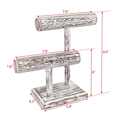 Ikee Design 2 Tier Wooden Jewelry Bracelet Watch Display Tower, Bangle Scrunchie Necklace Holder Storage Stand, 7.9" W X 4.3" D X 9.4" H, Antique White Color #TOP1