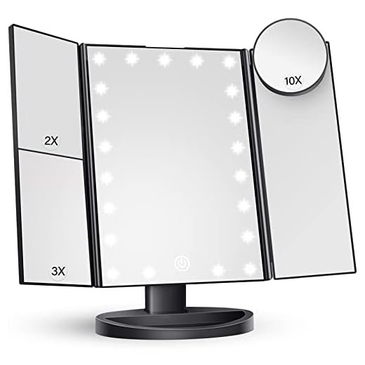 HUONUL Makeup Mirror Vanity with Lights, 2X 3X 10X Magnification, Lighted Mirror, Touch Control, Trifold Dual Power Supply, Portable LED Women Gift (Black)