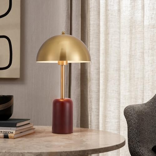 NUSRAN Bedside Table Lamp for Bedroom, Modern Plug in Brass Gold Shade & Cylindrical Wood Base Desk Lamp, Plug & Play Nightstand Lamp with Switch Power Cord for Living Room, Office 【Bulb Included】