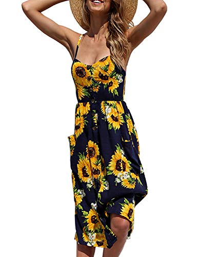 PIZOFF Women's Sunflower Dresses Casual Boho Spaghetti Strap Floral Button Down Swing Midi Dress with Pockets Navy