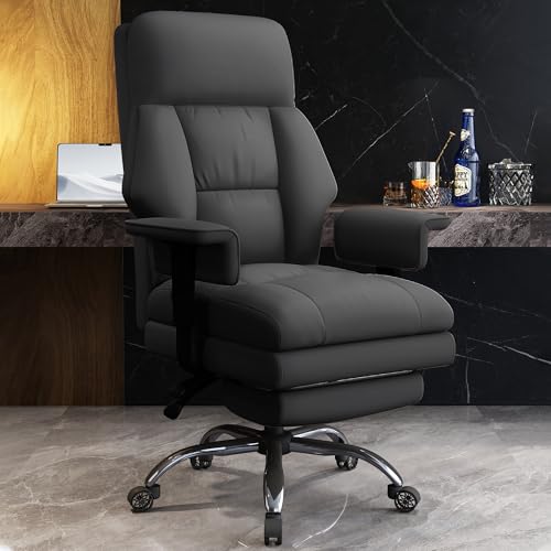 Image of Office Chair with Leg Rest, Leather High Back Executive Office Chair with Wheels, Ergonomic Desk Chairs with Lumbar Support for Home Office, Black