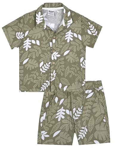 Quicksand Boys 2 Pieces Summer Beach Outfits Short Sleeve Button Down Shirts and Shorts Vacation Texture Sets for Kids, Olive Green Leaf Print, 8