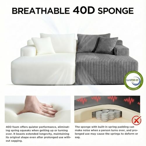 Image of SYTOPIA Loveseat Chaise Lounge with Armrests, Oversized Sofa Bed with 4 Pillows, Cozy Boneless Sleeper, Modular Sectional Couch for Living Room Bedroom, Floor Chair Furniture sala Corduroy, Urban Grey