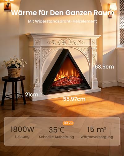 AIRMATE 1800W Elektrokamin, Dreieckiger Kamin, 3D-Flammeneffekt Kamin Elektrisch, 4 Flammenfarben, Elektrischer Kamin, Elektro Kamin, Led Kamin, Elektrokamin mit Heizung, 24 Timer, Thermostat