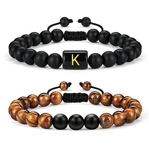 Luxejew Mens Gifts Ideas Mens Bracelet, Natural Matte Agate Tiger Eye Stone Mens Initial Bracelets Gifts For Men Adjustable Mens Initial Beaded Bracelets Gifts For Men Women Boys（K） #TOP22