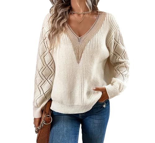 Women’s Hollow Out V-Neck Sweater – Long Sleeve Casual Knitwear for Spring Winter, Soft Pullover Jumper