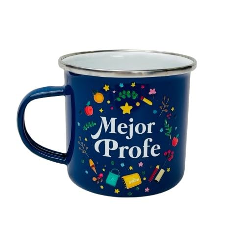 Taza Mejor Profe Icon, Regalo Original Para Profesores, Metálica Esmaltada, Diseño Escolar En Azul, Interior Blanco, Estilo Vintage
