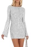 MAYSTEPPE Sparkly Glitter Dress, Sexy Backless Tie Sequin Bodycon Dress Long Sleeve Mini Party Dress for Women Club Night Silver