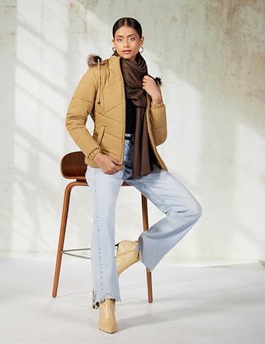 Image of Qube By Fort Collins Women's Polyester Crop Length Bomber Jacket With Detachable Hood Stylish & Versatile Winter Wear