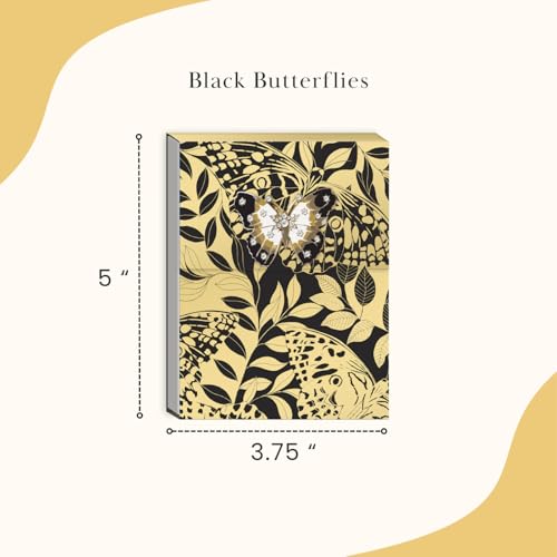 Image of Punch Studio Flip-Top Notepad For Daily Notes or Notes on-the-go, with Magnetic Closure, Brooch Embellishment, Gold-Foil Accents & 75 Illustrated Sheets, 5 inch x 3.75 inch - Black Butterflies (50441)