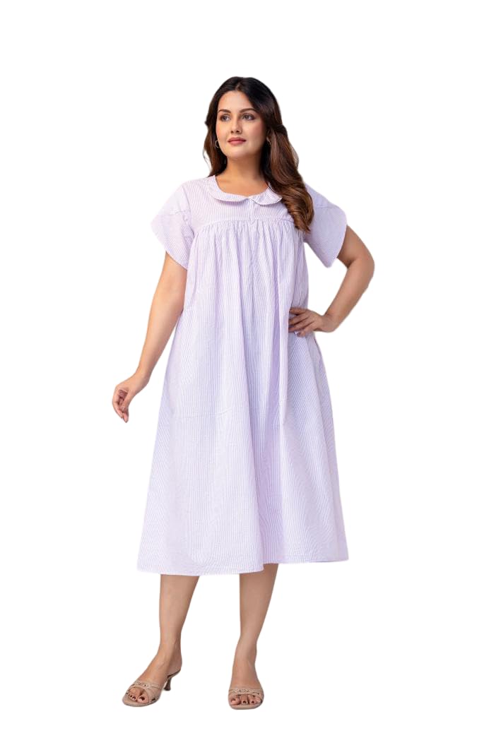 Purple Striped Printed Cotton Maternity Dress for Women with Round Neck Peter Pan Collar Short Sleeves A-Line Panelled Calf Length Feeding Zip Yoke One Pocket-image-28