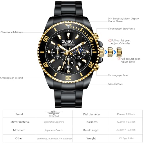 Image of ZUIPAI Moon Phase Watch for Men Chronograph Dial Analog Quartz Wristwatch Luxury Diamond Business Dress Watch with Luminous Waterproof Calendar Stainless Steel Strap