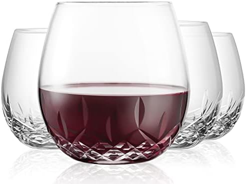 Hand Cut Stemless Wine Glasses by SHOSHIN - Lead-free Crystal Drinking Glass - Perfect gift for Him or Her (15 Oz, Set of 4)…