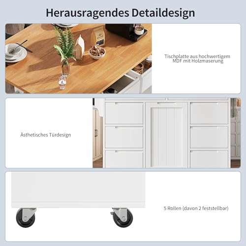 HYUB Isla de cocina, cocina independiente con ruedas y 8 cajones y encimera, carrito multifuncional con estante para especias y espacio de almacenamiento, para salón, cocina, color blanco - imagen 6