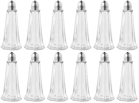 (Set of 12) 1 oz. Tower Salt and Pepper Shakers, Tall Glass Body Mini Salt and Pepper Shakers for Restaurant by Tezzorio
