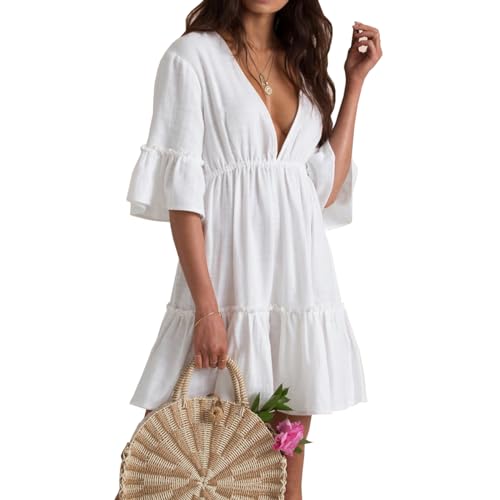 Cache-maillot de bain femme col en V noir et blanc fluide pour la plage