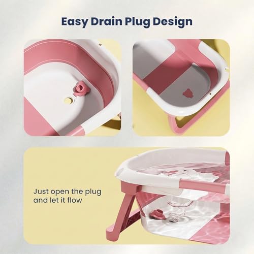 Image of TINSY Foldable Baby Bath Tub with Built-in Water Thermometer & Soft Head Support Pillow | Portable Newborn Bathtub | Anti-Slip Legs | Space-Saving Infant Bath Tub for Babies & Toddlers | Blush Pink